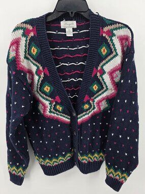 Margules Vintage Navy Fair Isle Heart Knit Cardigan Womens‎ Small 80s 90s